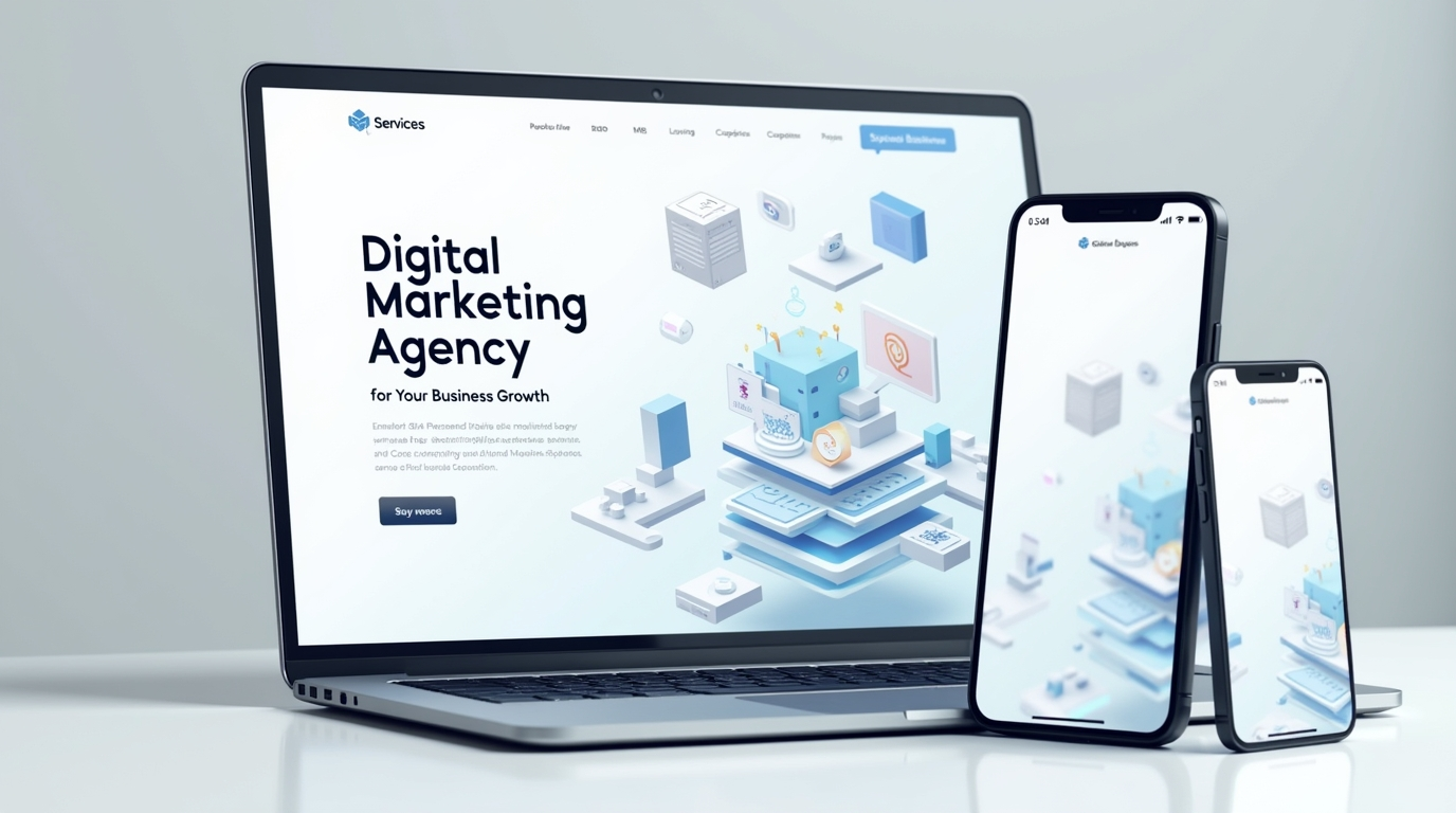 "Web development beginner interface showcasing a modern digital marketing agency website on laptop and mobile screen, highlighting responsive design and user-friendly layout."